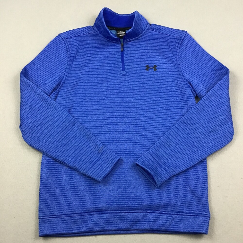 Under Armour Sweater Men Small Blue Stripe 1/4 Zip Fleece Pullover Storm Logo S